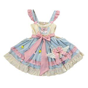 Kawaii Angel Wings Lolita Dress with Ruffles and Poms Pastel Sweet JSK for Girls